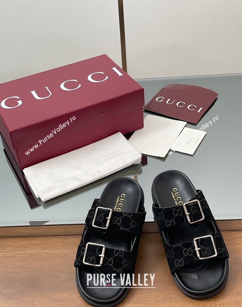 Gucci GG Suede Flat Slides Sandal with Buckle Black 2025 GG042302 (MD-250423062)
