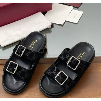 Gucci GG Suede Flat Slides Sandal with Buckle Black 2025 GG042302 (MD-250423062)