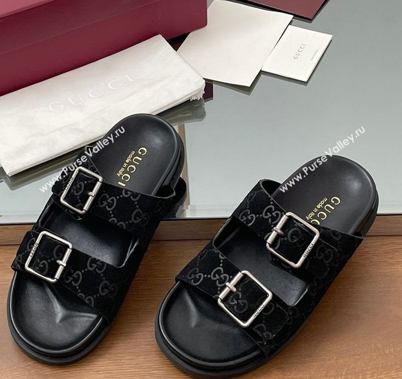Gucci GG Suede Flat Slides Sandal with Buckle Black 2025 GG042302 (MD-250423062)