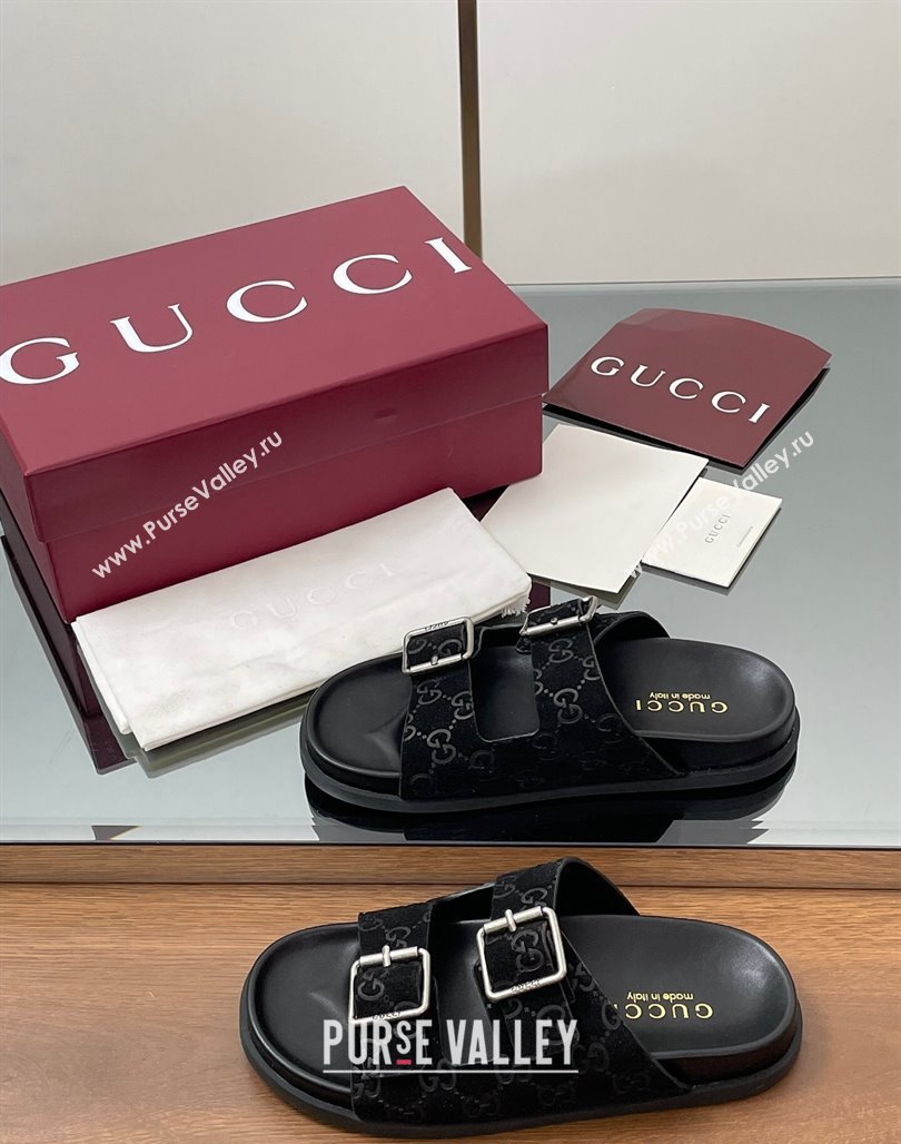 Gucci GG Suede Flat Slides Sandal with Buckle Black 2025 GG042302 (MD-250423062)