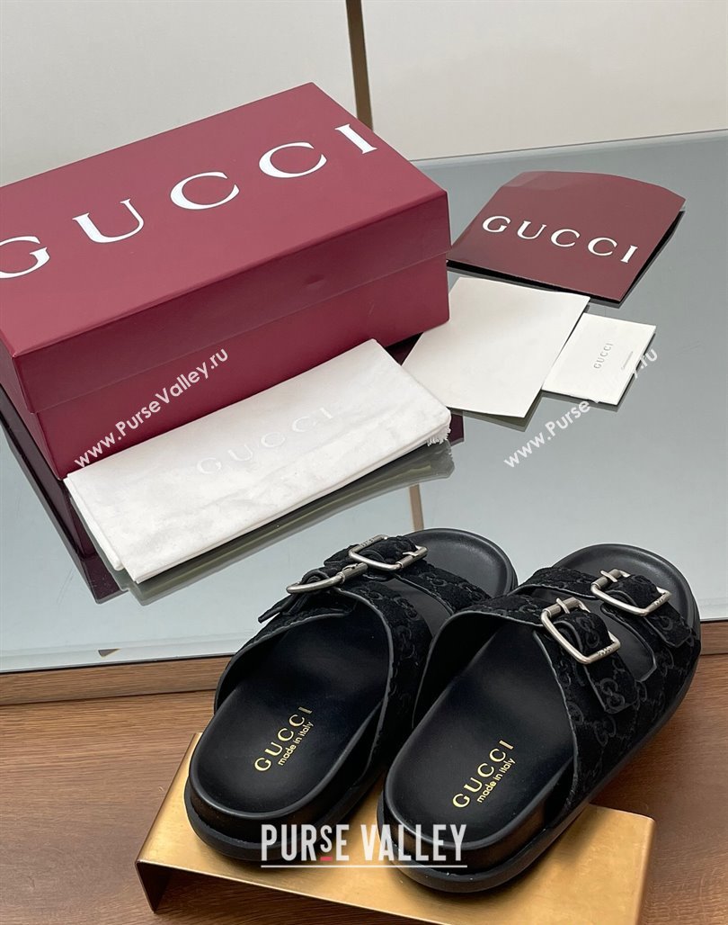Gucci GG Suede Flat Slides Sandal with Buckle Black 2025 GG042302 (MD-250423062)
