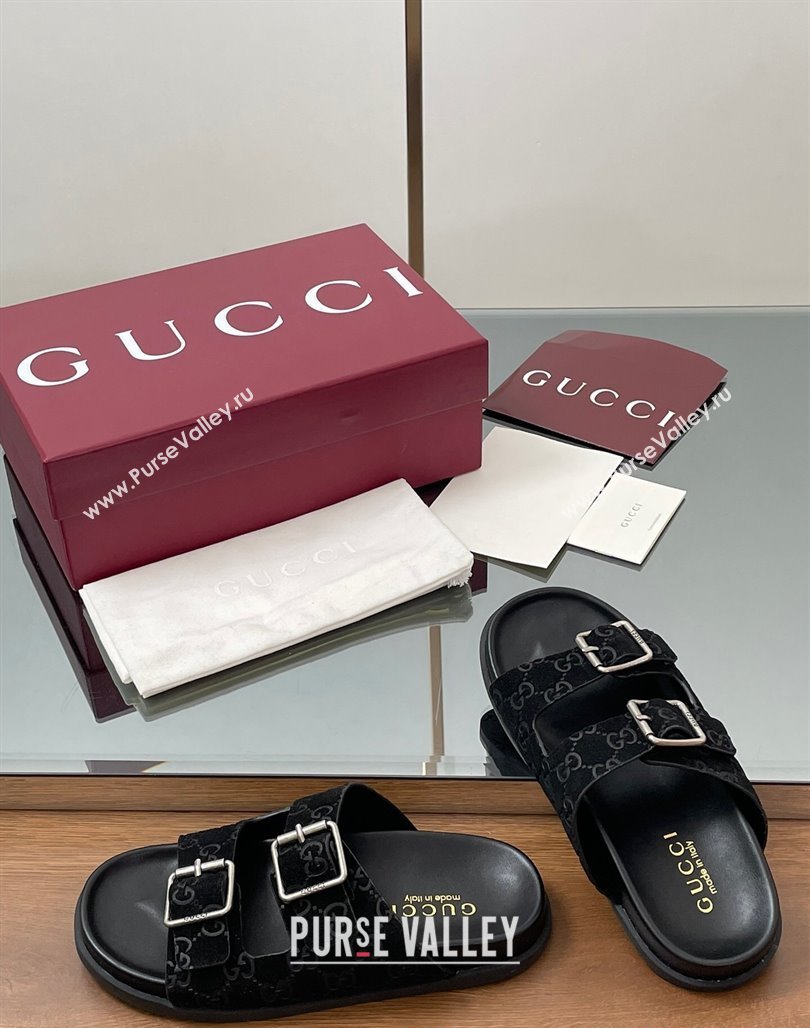 Gucci GG Suede Flat Slides Sandal with Buckle Black 2025 GG042302 (MD-250423062)