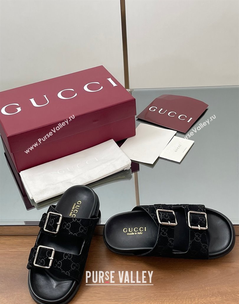 Gucci GG Suede Flat Slides Sandal with Buckle Black 2025 GG042302 (MD-250423062)