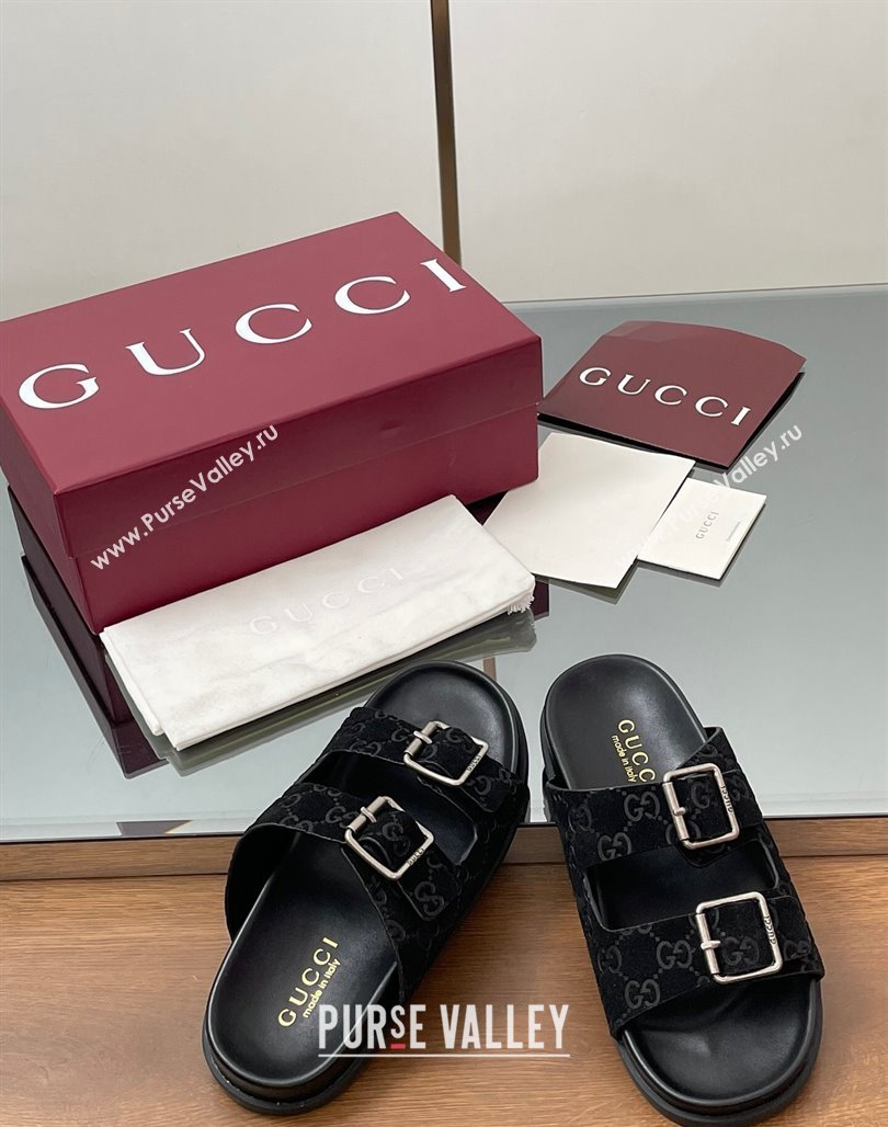 Gucci GG Suede Flat Slides Sandal with Buckle Black 2025 GG042302 (MD-250423062)