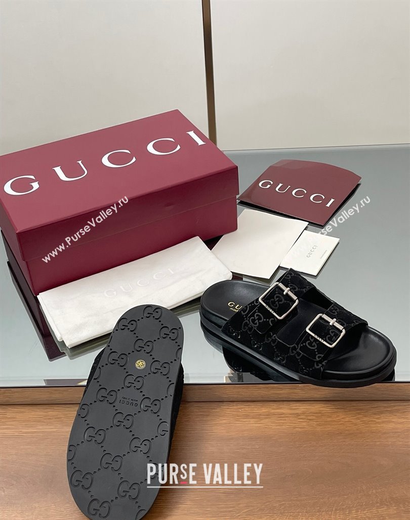 Gucci GG Suede Flat Slides Sandal with Buckle Black 2025 GG042302 (MD-250423062)