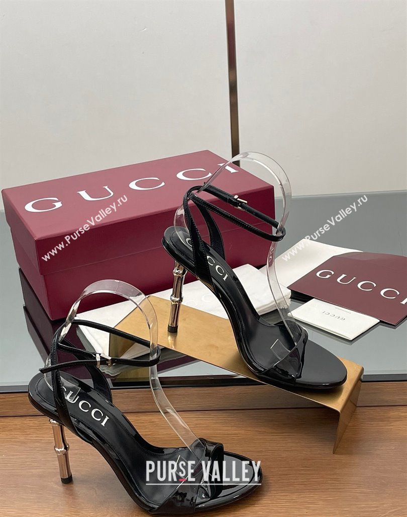 Gucci Patent Leather Sandals 9.5cm with Bamboo-Effect Heel Black 2025 812999 (MD-250423001)