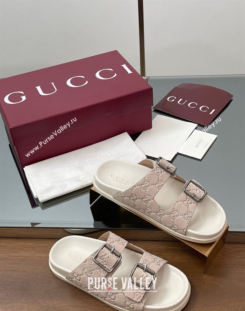 Gucci GG Suede Flat Slides Sandal with Buckle Grey 2025 GG042302 (MD-250423063)