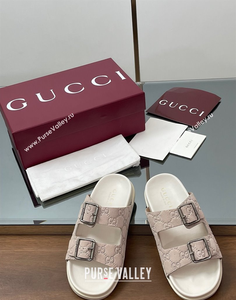 Gucci GG Suede Flat Slides Sandal with Buckle Grey 2025 GG042302 (MD-250423063)