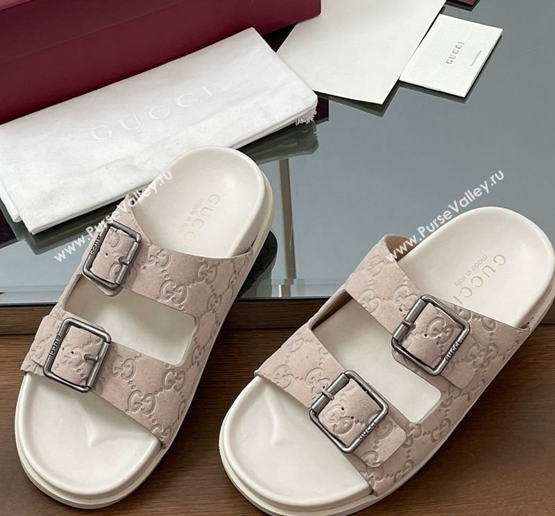 Gucci GG Suede Flat Slides Sandal with Buckle Grey 2025 GG042302 (MD-250423063)