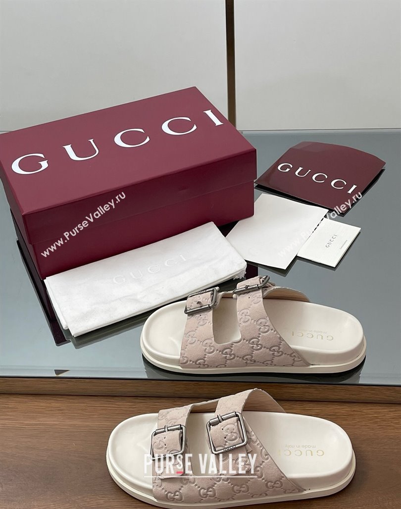 Gucci GG Suede Flat Slides Sandal with Buckle Grey 2025 GG042302 (MD-250423063)