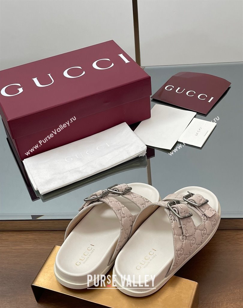 Gucci GG Suede Flat Slides Sandal with Buckle Grey 2025 GG042302 (MD-250423063)