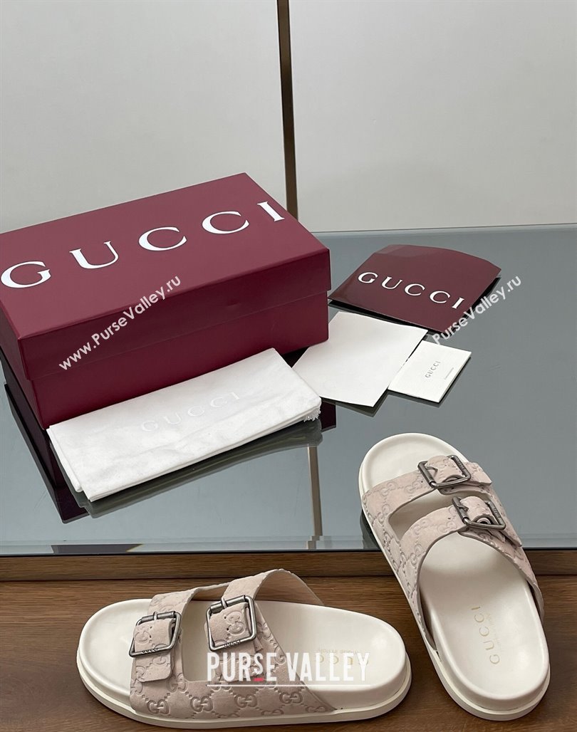 Gucci GG Suede Flat Slides Sandal with Buckle Grey 2025 GG042302 (MD-250423063)