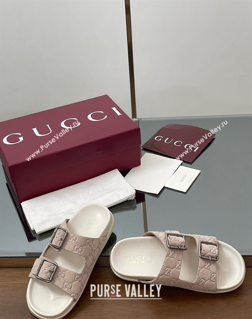 Gucci GG Suede Flat Slides Sandal with Buckle Grey 2025 GG042302 (MD-250423063)