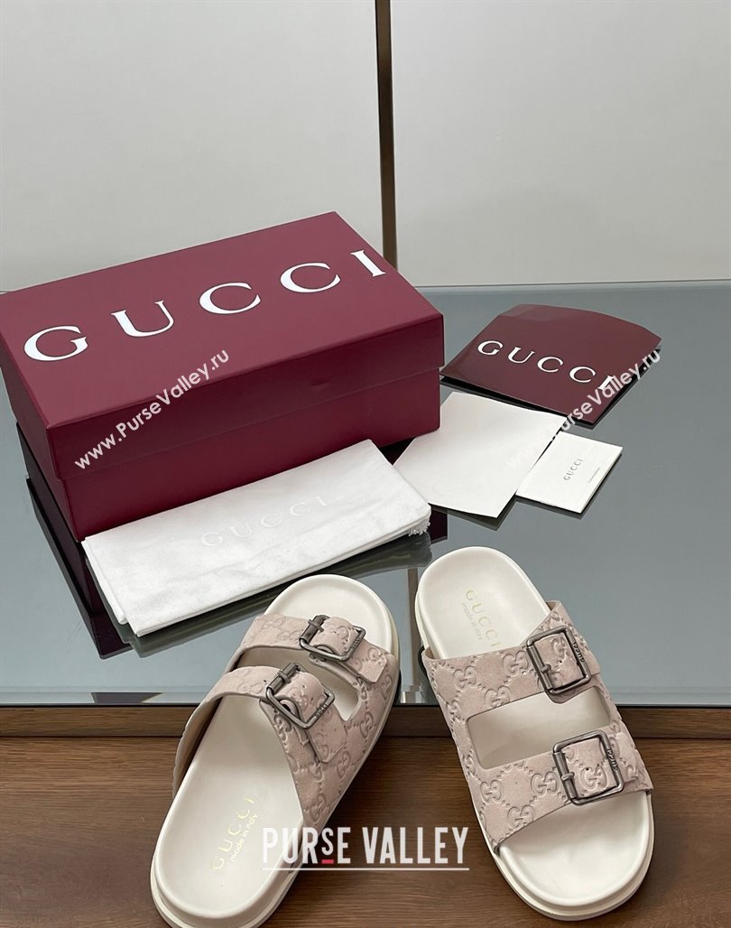 Gucci GG Suede Flat Slides Sandal with Buckle Grey 2025 GG042302 (MD-250423063)
