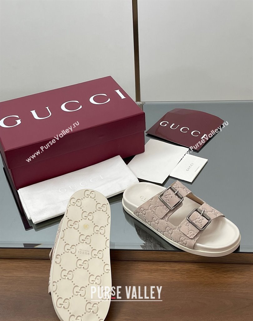 Gucci GG Suede Flat Slides Sandal with Buckle Grey 2025 GG042302 (MD-250423063)