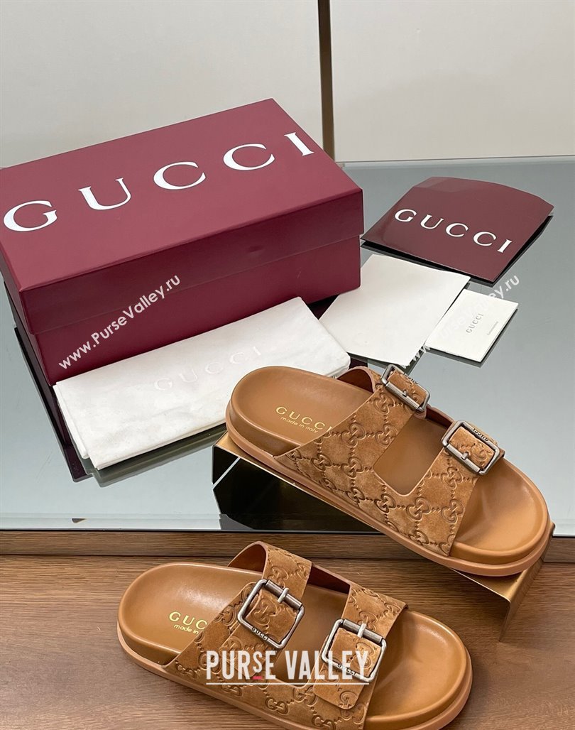 Gucci GG Suede Flat Slides Sandal with Buckle Brown 2025 GG042302 (MD-250423064)