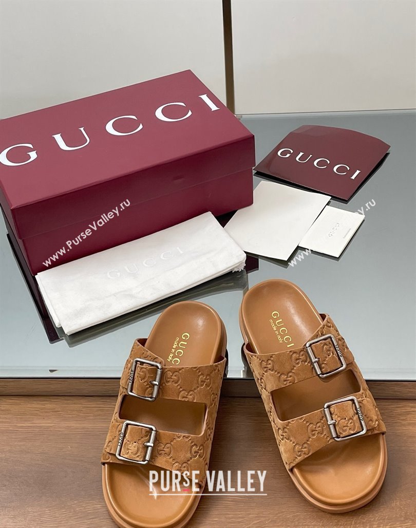 Gucci GG Suede Flat Slides Sandal with Buckle Brown 2025 GG042302 (MD-250423064)