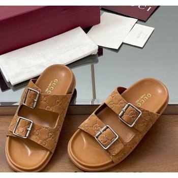 Gucci GG Suede Flat Slides Sandal with Buckle Brown 2025 GG042302 (MD-250423064)