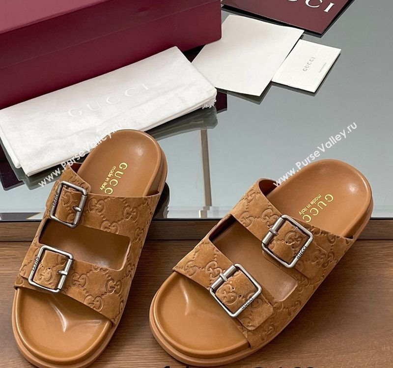 Gucci GG Suede Flat Slides Sandal with Buckle Brown 2025 GG042302 (MD-250423064)