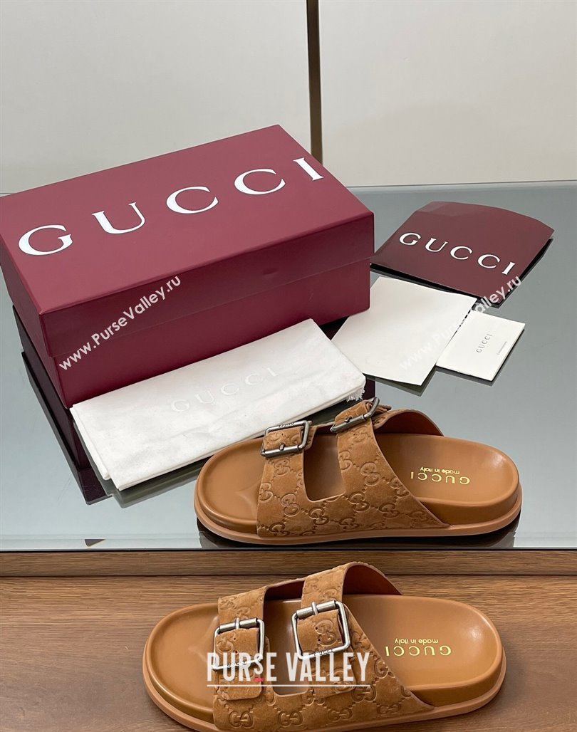 Gucci GG Suede Flat Slides Sandal with Buckle Brown 2025 GG042302 (MD-250423064)