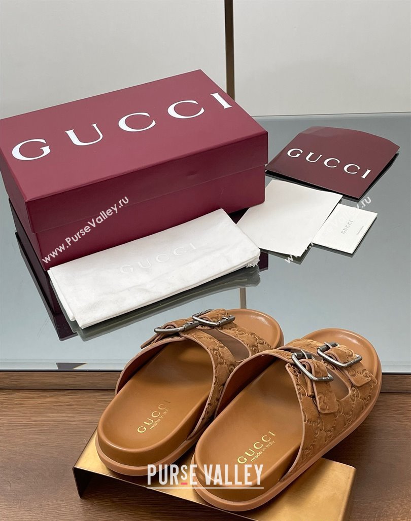 Gucci GG Suede Flat Slides Sandal with Buckle Brown 2025 GG042302 (MD-250423064)