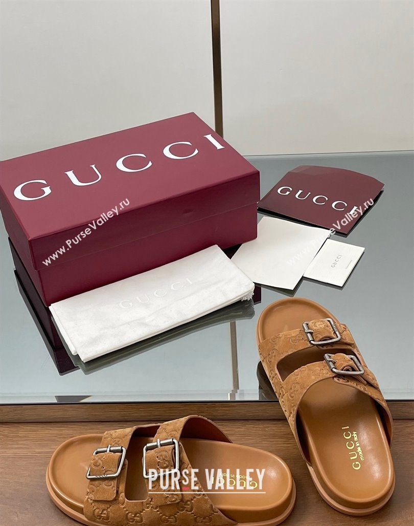 Gucci GG Suede Flat Slides Sandal with Buckle Brown 2025 GG042302 (MD-250423064)