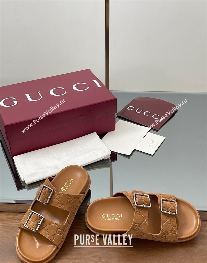 Gucci GG Suede Flat Slides Sandal with Buckle Brown 2025 GG042302 (MD-250423064)