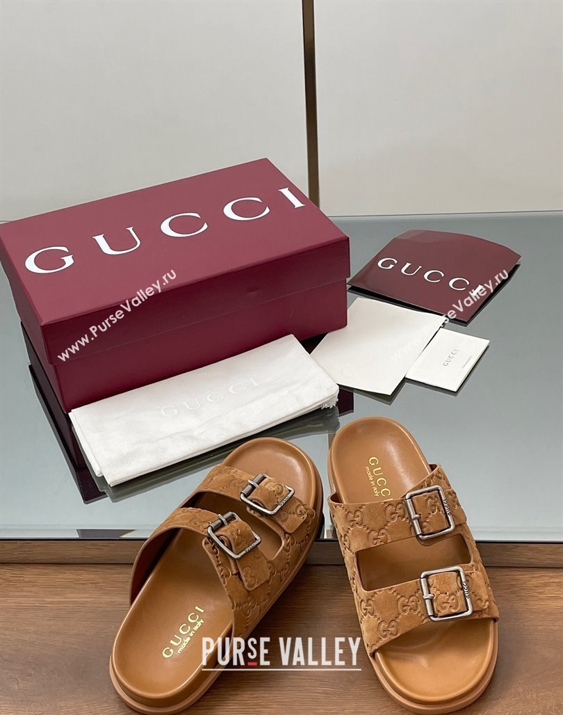 Gucci GG Suede Flat Slides Sandal with Buckle Brown 2025 GG042302 (MD-250423064)