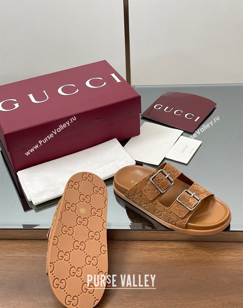 Gucci GG Suede Flat Slides Sandal with Buckle Brown 2025 GG042302 (MD-250423064)