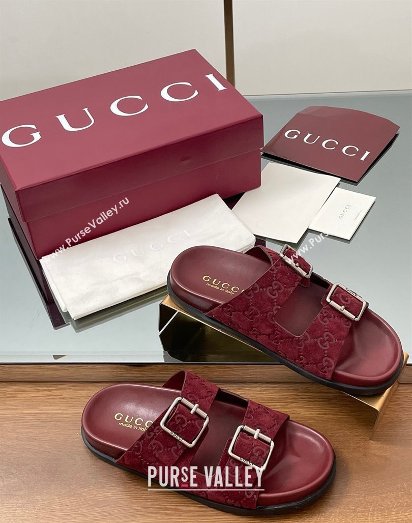 Gucci GG Suede Flat Slides Sandal with Buckle Burgundy 2025 GG042302 (MD-250423065)