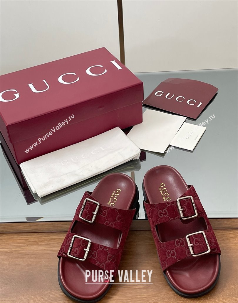 Gucci GG Suede Flat Slides Sandal with Buckle Burgundy 2025 GG042302 (MD-250423065)