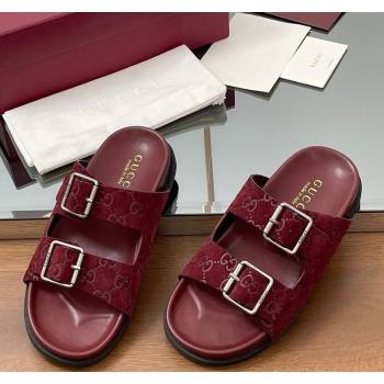Gucci GG Suede Flat Slides Sandal with Buckle Burgundy 2025 GG042302 (MD-250423065)