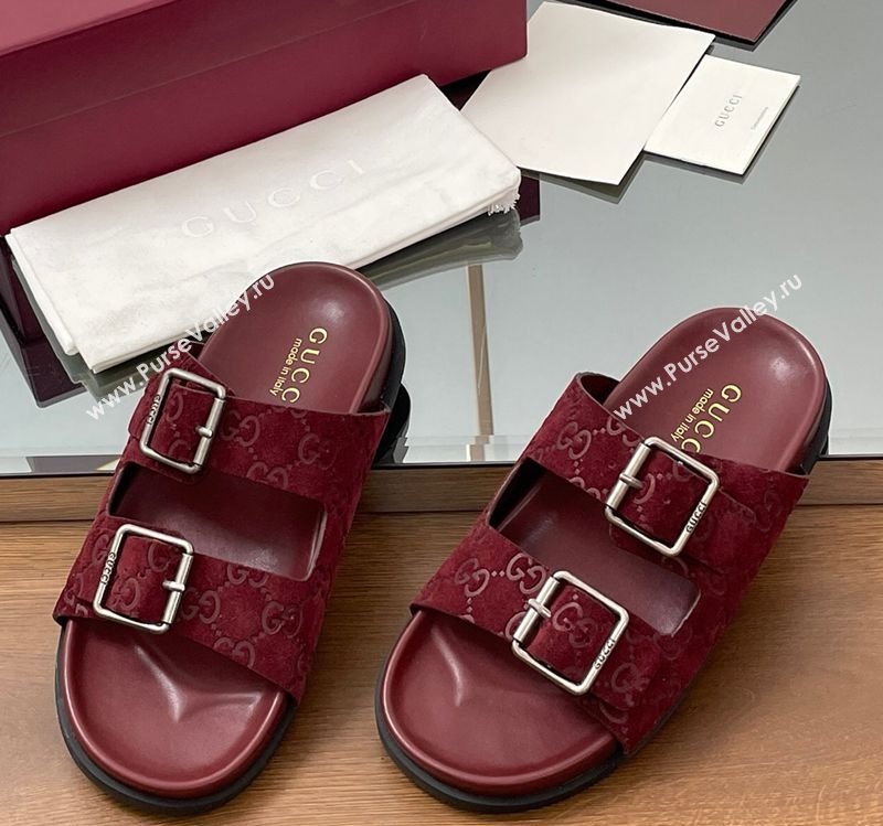 Gucci GG Suede Flat Slides Sandal with Buckle Burgundy 2025 GG042302 (MD-250423065)