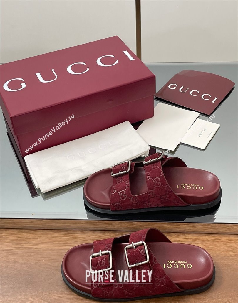 Gucci GG Suede Flat Slides Sandal with Buckle Burgundy 2025 GG042302 (MD-250423065)