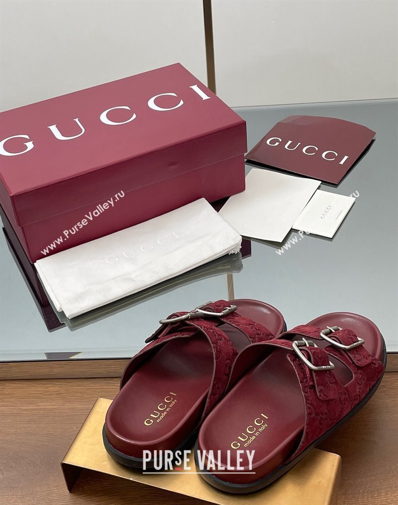 Gucci GG Suede Flat Slides Sandal with Buckle Burgundy 2025 GG042302 (MD-250423065)