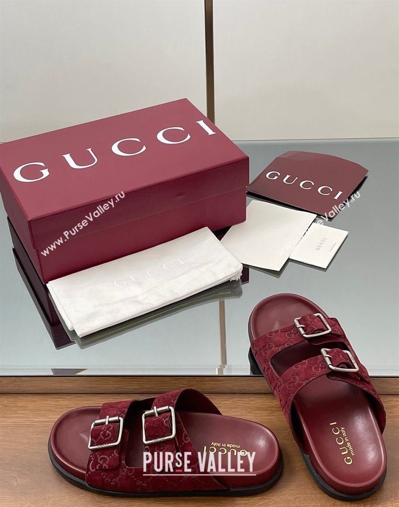 Gucci GG Suede Flat Slides Sandal with Buckle Burgundy 2025 GG042302 (MD-250423065)