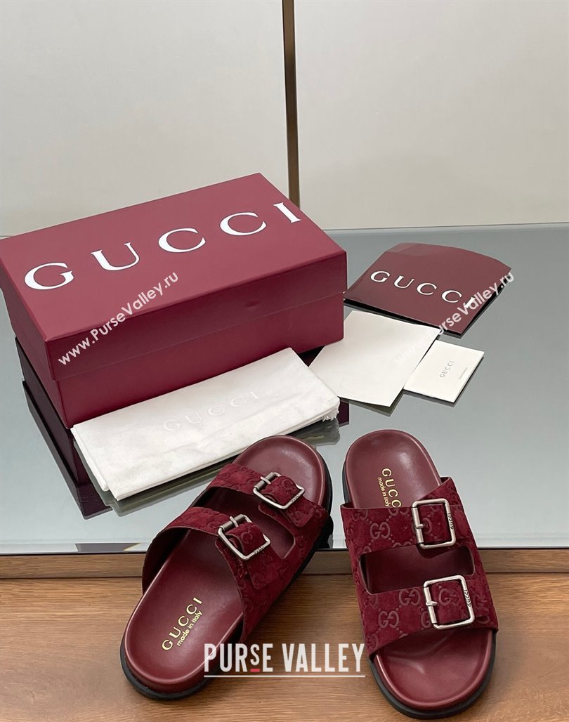 Gucci GG Suede Flat Slides Sandal with Buckle Burgundy 2025 GG042302 (MD-250423065)