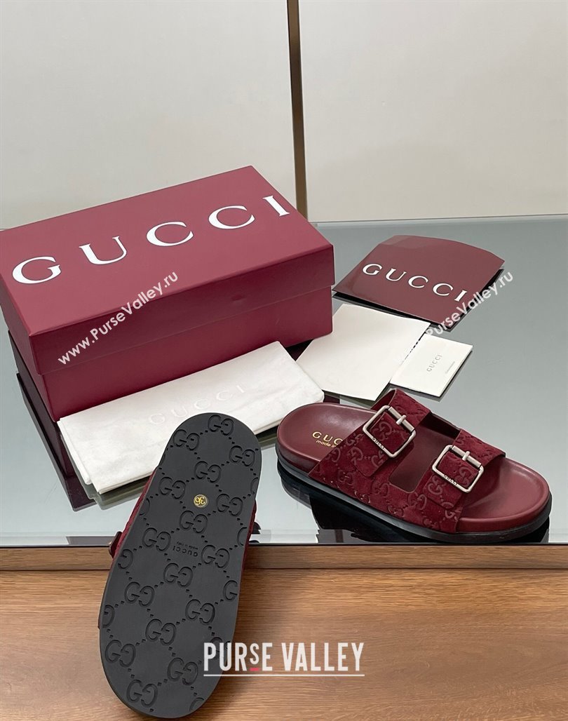 Gucci GG Suede Flat Slides Sandal with Buckle Burgundy 2025 GG042302 (MD-250423065)