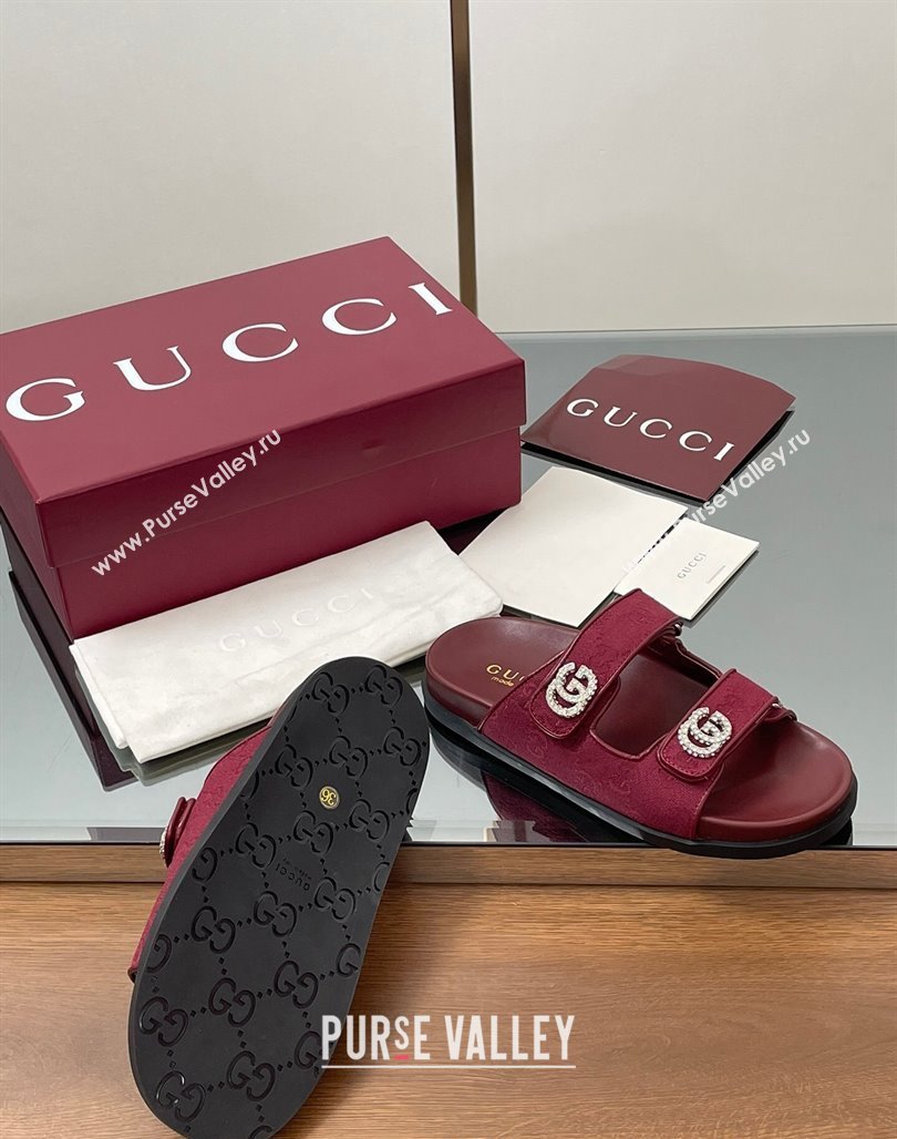 Gucci GG Canvas Flat Slides Sandal with Strass Double G Red 2025 鈥?16633 (MD-250423070)
