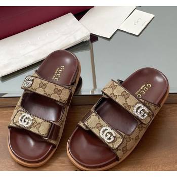 Gucci GG Canvas Flat Slides Sandal with Strass Double G Beige 2025 ‎816633 (MD-250423071)