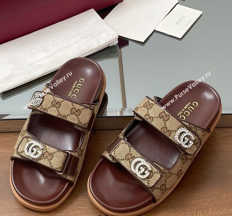 Gucci GG Canvas Flat Slides Sandal with Strass Double G Beige 2025 ‎816633 (MD-250423071)