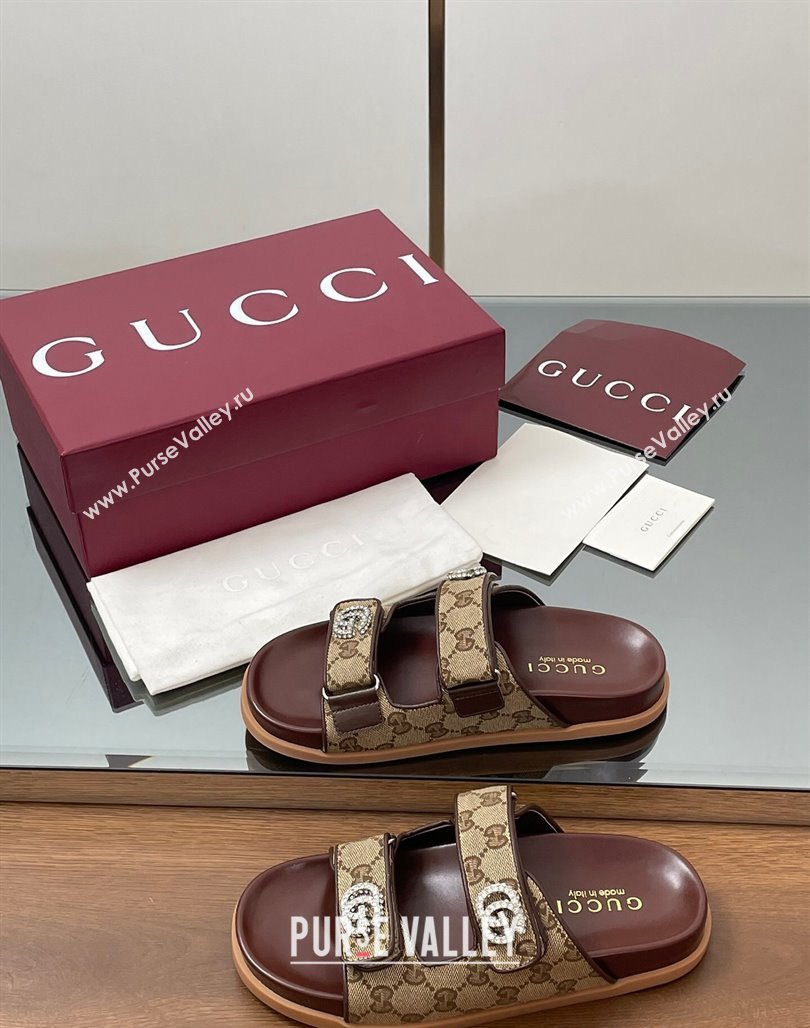 Gucci GG Canvas Flat Slides Sandal with Strass Double G Beige 2025 ‎816633 (MD-250423071)