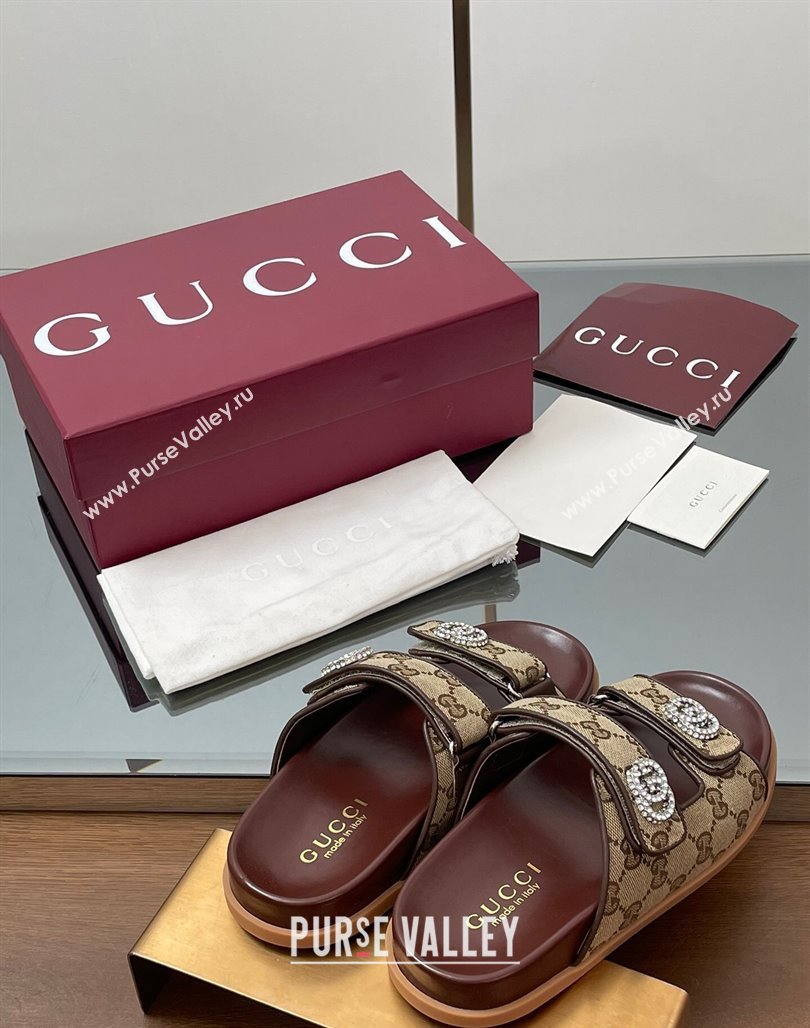 Gucci GG Canvas Flat Slides Sandal with Strass Double G Beige 2025 ‎816633 (MD-250423071)