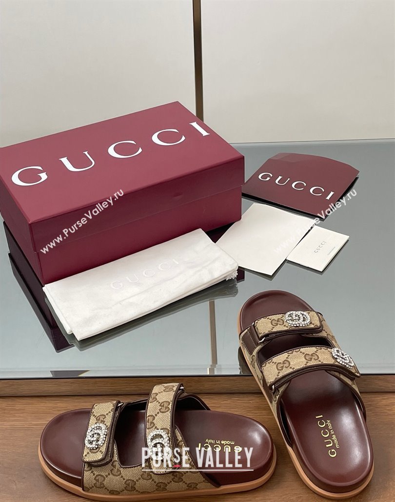 Gucci GG Canvas Flat Slides Sandal with Strass Double G Beige 2025 ‎816633 (MD-250423071)