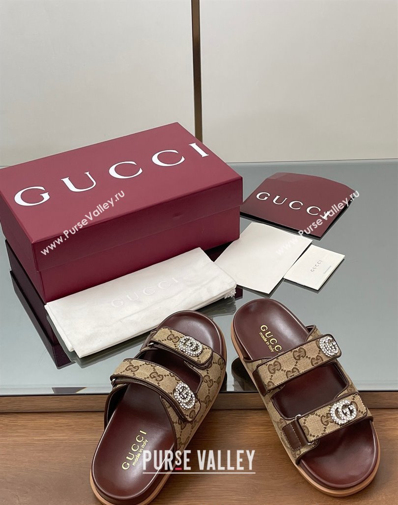Gucci GG Canvas Flat Slides Sandal with Strass Double G Beige 2025 ‎816633 (MD-250423071)