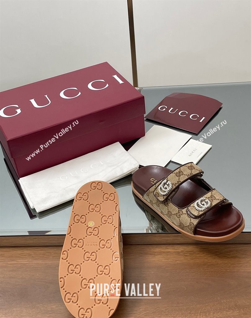 Gucci GG Canvas Flat Slides Sandal with Strass Double G Beige 2025 ‎816633 (MD-250423071)