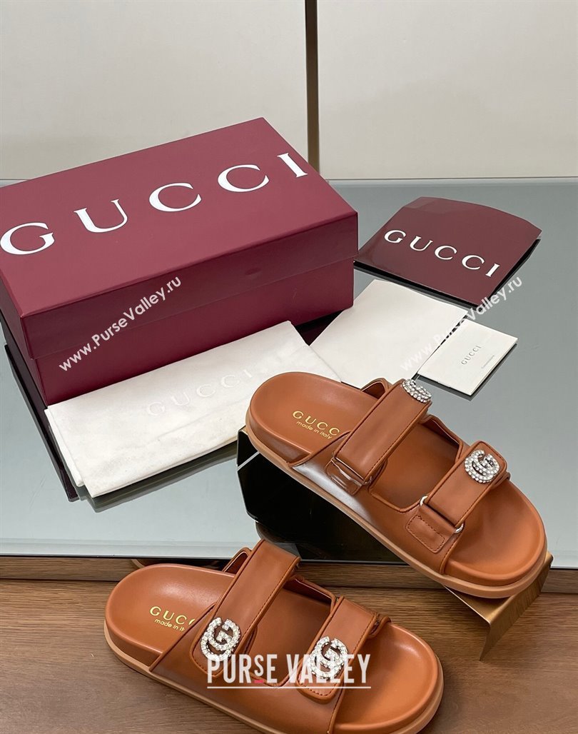 Gucci Leather Flat Slides Sandal with Strass Double G Brown 2025 ‎816633 (MD-250423066)