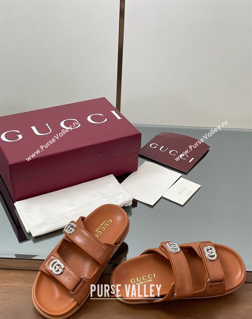 Gucci Leather Flat Slides Sandal with Strass Double G Brown 2025 ‎816633 (MD-250423066)