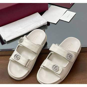 Gucci Leather Flat Slides Sandal with Strass Double G White 2025 ‎816633 (MD-250423067)