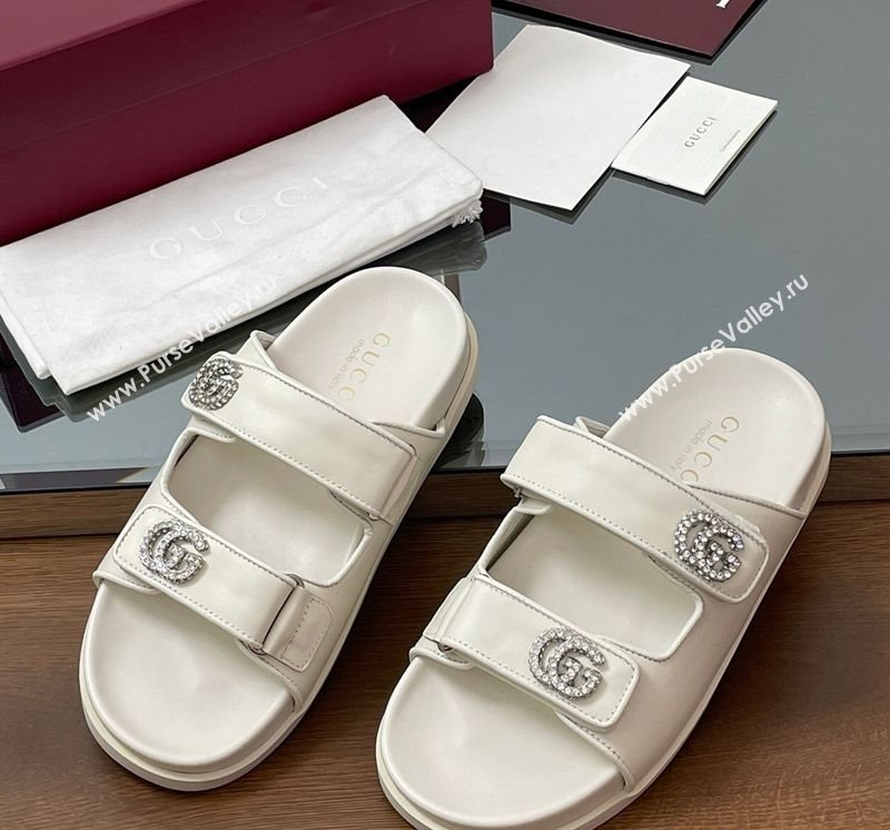 Gucci Leather Flat Slides Sandal with Strass Double G White 2025 ‎816633 (MD-250423067)